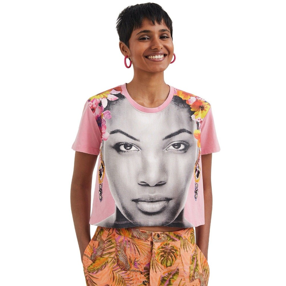 Desigual Beaded Woman’s Face Cropped Tee Graphic Print Medium Pink B&W Arty